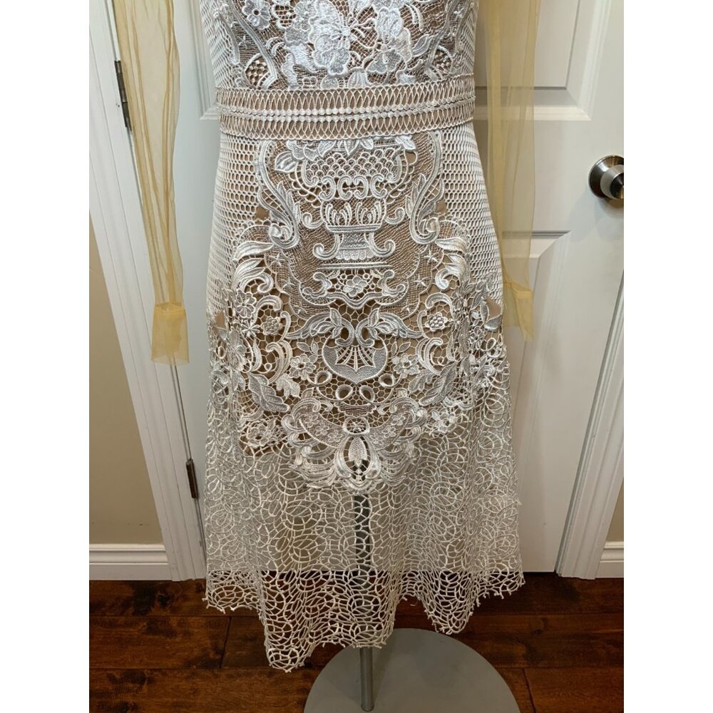 Self-Portrait White Lace Tan Mesh Collared Long Sleeve Fit & Flare Dress, Size 8 - Picture 3 of 8
